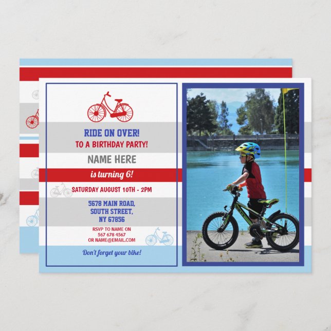 Bike Birthday Bicycle Ride Party Red Boys Photo Invitation (Front/Back)