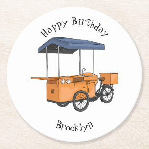 Bike food cart cartoon illustration round paper coaster