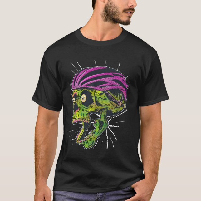 Bike Helmet Skull Weird Cool Fun Retro Dark T-Shirt (Front)