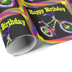 Bike Neon Colours Happy Birthday Wrapping Paper