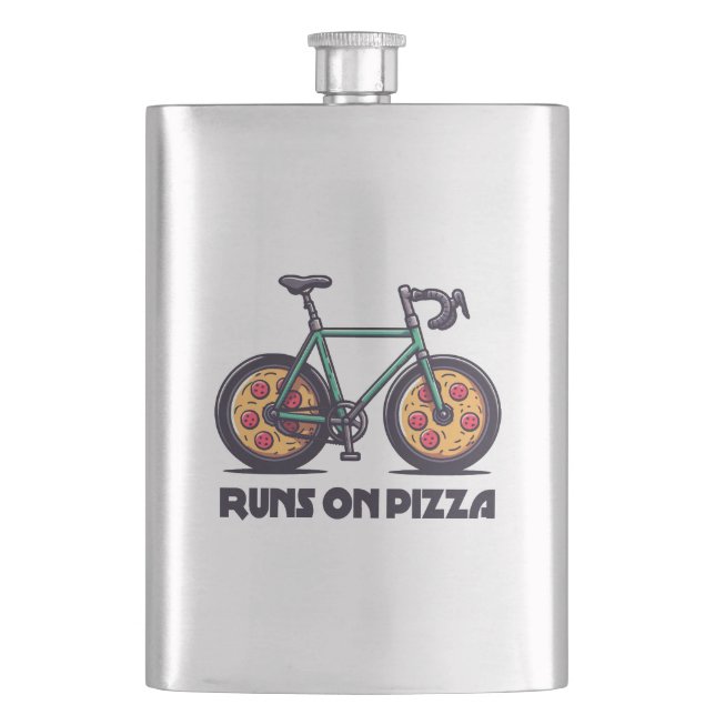 Bike Runs On Pizza Hip Flask (Front)