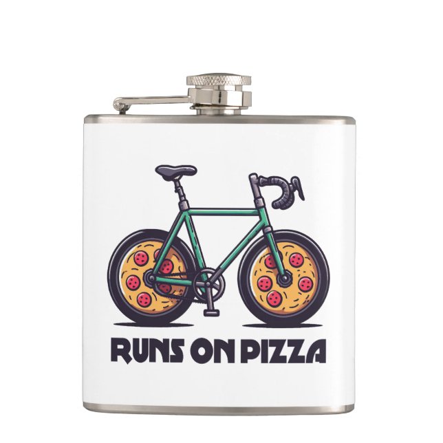 Bike Runs On Pizza Hip Flask (Front)