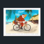 Bike Santa Tropical Island Summer Holiday<br><div class="desc">Original illustration of Santa riding a bicycle on a tropical beach with surfboard and gifts in tow. ©Becky Nimoy 2021
Photo option and message on the back side.</div>