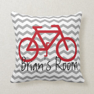 Bike Theme Pillow on Chevron   Red and Grey