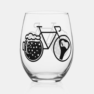 Bike with beer glass. Bottle opener icon Stemless Wine Glass