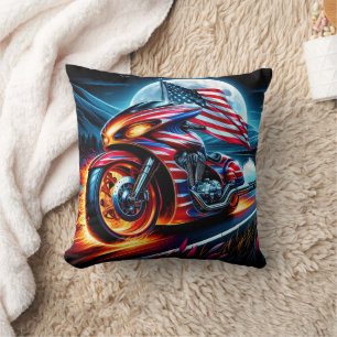 Bike with flag by moonlit lake cushion