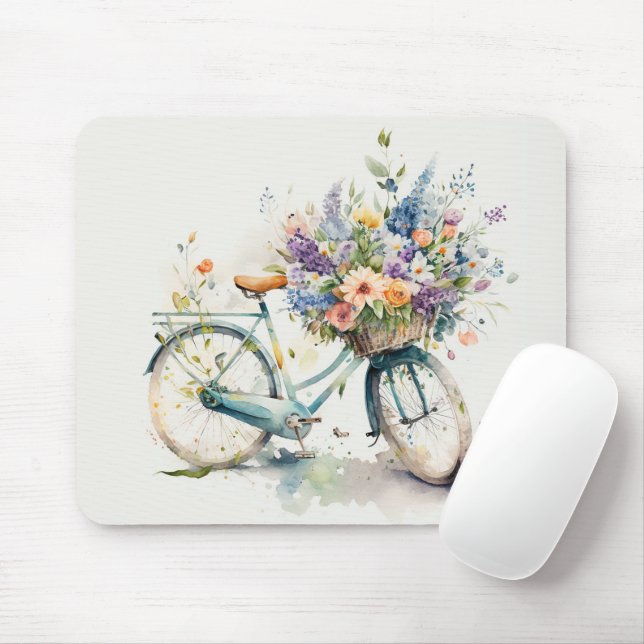 Bike With Flower Basket Mouse Pad (With Mouse)