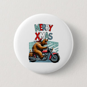 Biker Bear With Christmas Hat Wishes Merry Xmas Fu 6 Cm Round Badge