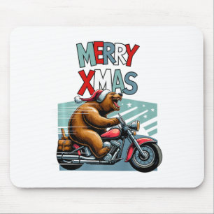 Biker Bear With Christmas Hat Wishes Merry Xmas Fu Mouse Pad