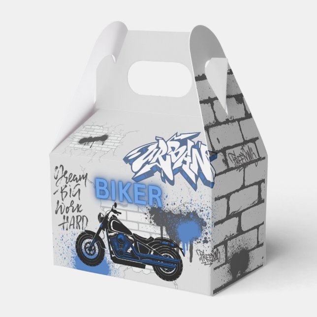 Biker blue motorcycle & graffiti  favour box (Front Side)