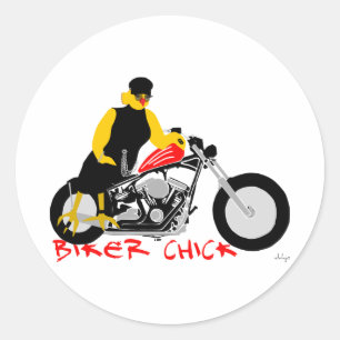 BIKER CHICK Sitting on Her Motorcycle Classic Round Sticker