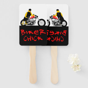BIKER CHICK Sitting on Her Motorcycle Hand Fan