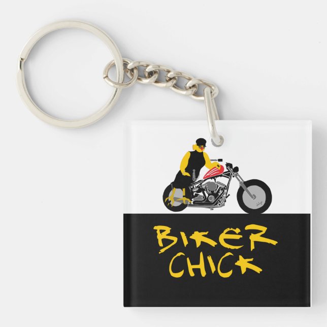 BIKER CHICK Sitting on Her Motorcycle Key Ring (Front)