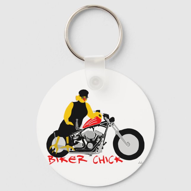 BIKER CHICK Sitting on Her Motorcycle Key Ring (Front)