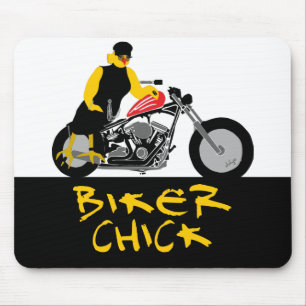 BIKER CHICK Sitting on Her Motorcycle Mouse Pad