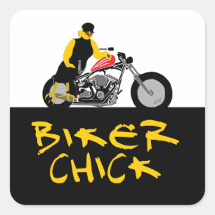 BIKER CHICK Sitting on Her Motorcycle Square Sticker