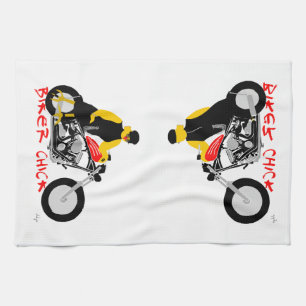 BIKER CHICK Sitting on Her Motorcycle Tea Towel