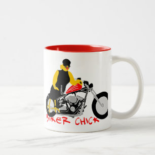 BIKER CHICK Sitting on Her Motorcycle Two-Tone Coffee Mug