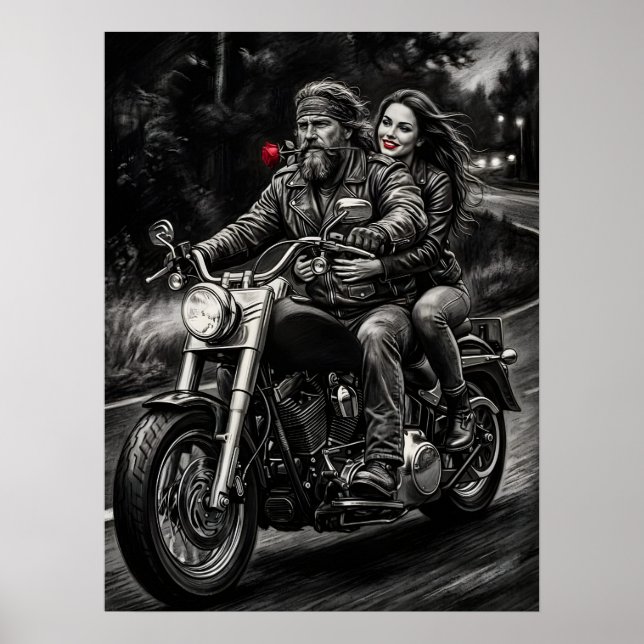 Biker Couple Motorcycle Night Ride Romance  Poster (Front)
