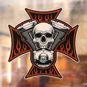 Biker Cross Skull Motor Flames Motorcycle Shop Win