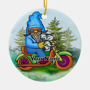 Biker gnome ceramic ornament