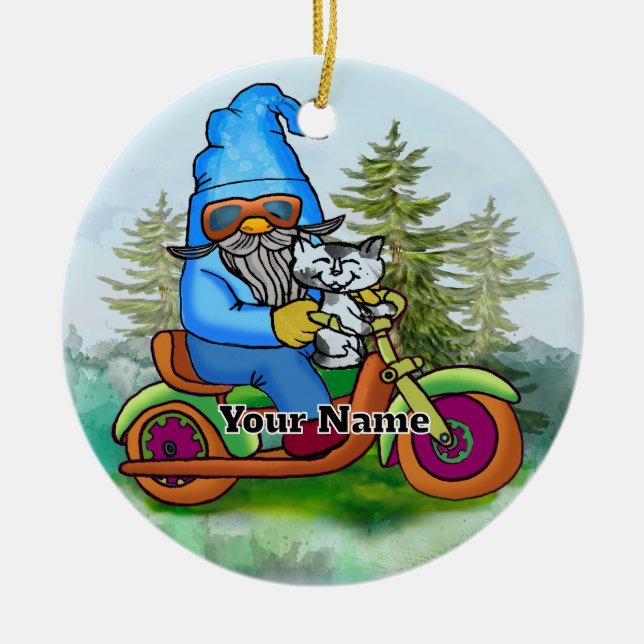 Biker gnome ceramic ornament (Front)