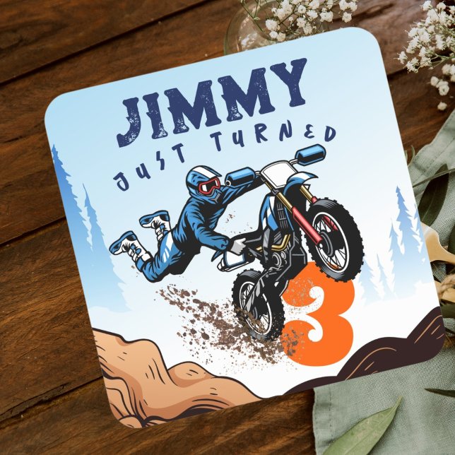 Biker Kid Dirt Stunt Bike Birthday Party Card Square Sticker (Creator Uploaded)