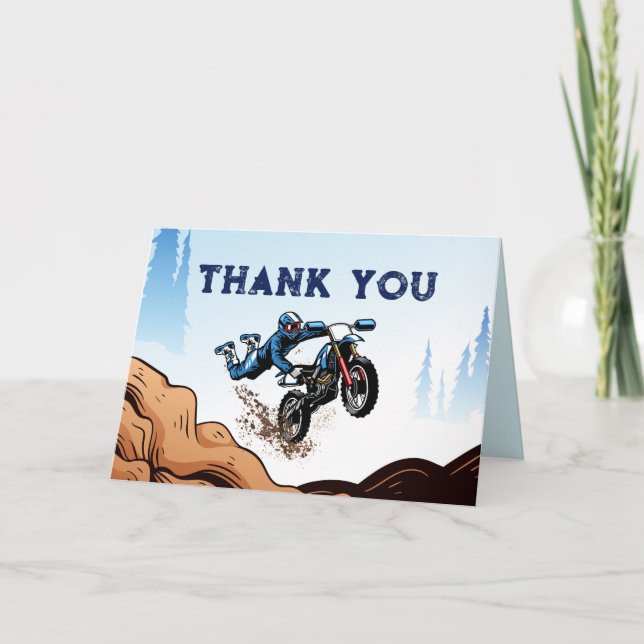 Biker Kid Dirt Stunt Bike Birthday Thank You Card (Front)