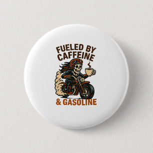 Biker lady Skeleton T-Shirt Fueled by Caffeine and 6 Cm Round Badge