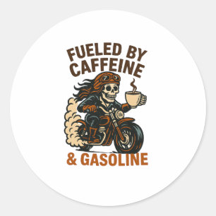 Biker lady Skeleton T-Shirt Fueled by Caffeine and Classic Round Sticker