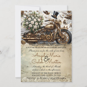 Biker Motorcycle Wedding Gold White Invitation