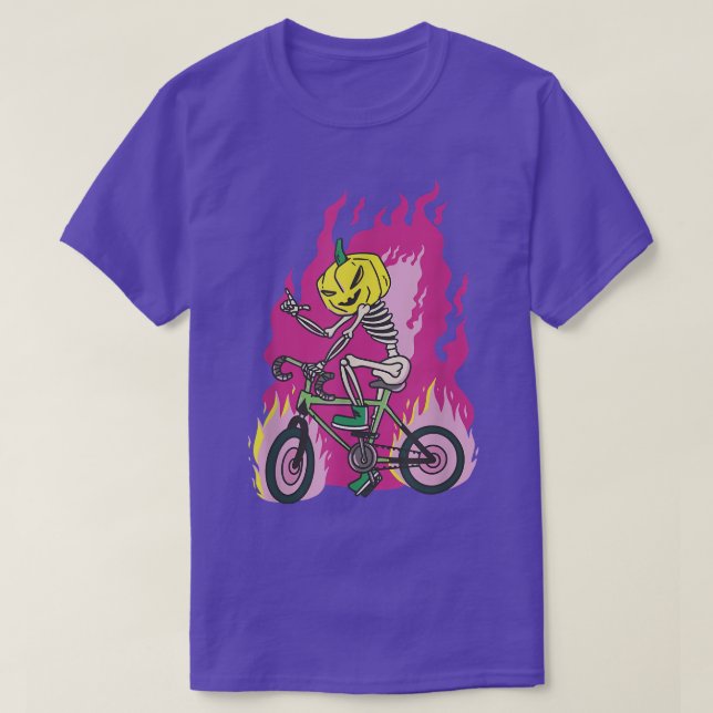 Biker on flames halloween pumpkin head bicycle out T-Shirt (Design Front)