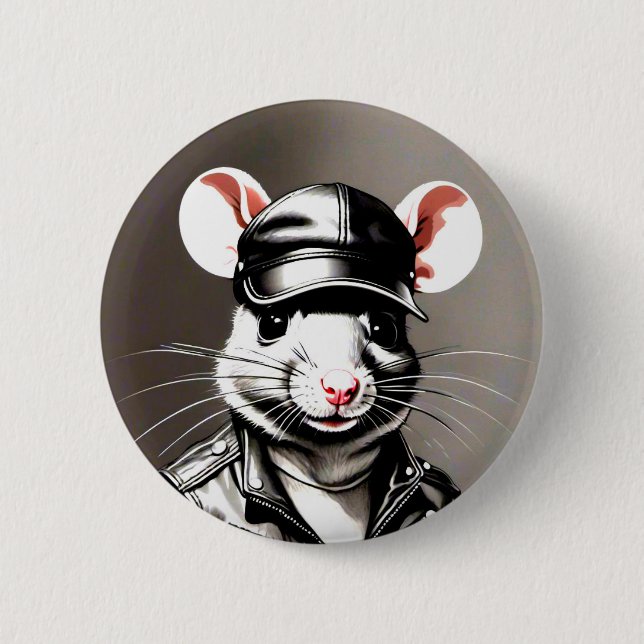 Biker Rat Wearing Leather Gear Button (Front)