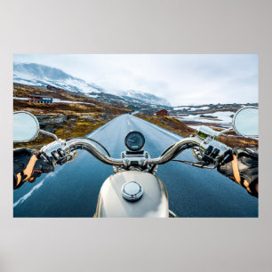 Biker rides a motorcycle on a slippery road throug poster