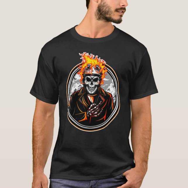 Biker Skeleton Fire Flames Motorcyclist T-Shirt (Front)