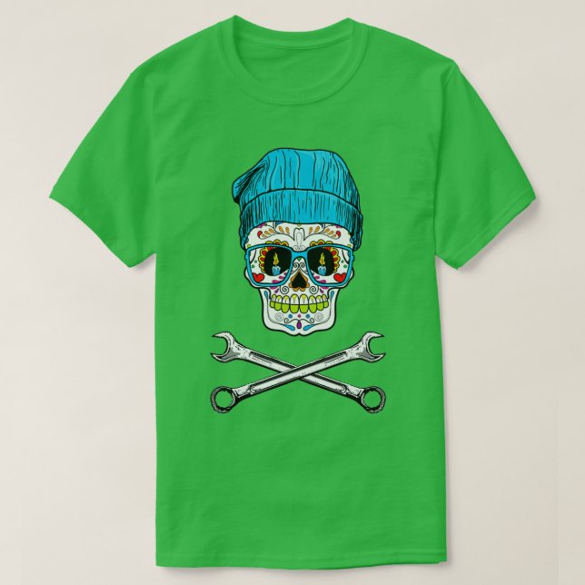 Biker Skull mask with cross wrenchs speed racer fa T-Shirt (Design Front)