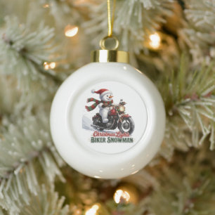 Biker Snowman Christmas Lights Ceramic Ball Christmas Ornament