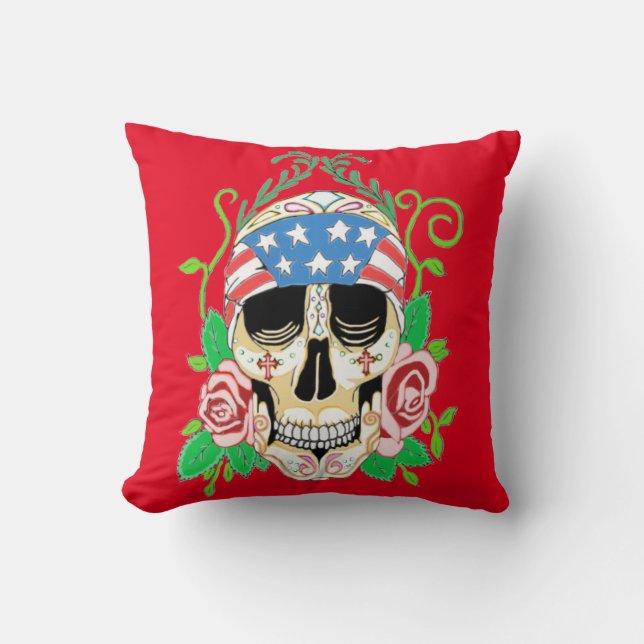 Biker Sugar Skull Cushion (Front)