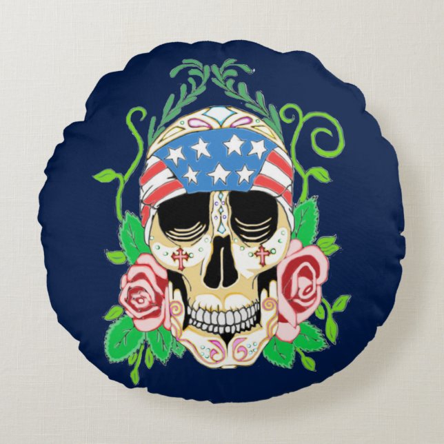 Biker Sugar Skull Round Cushion (Front)