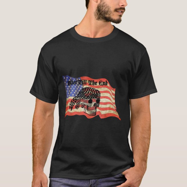 Biker till the end skull USA Flag art T-Shirt (Front)
