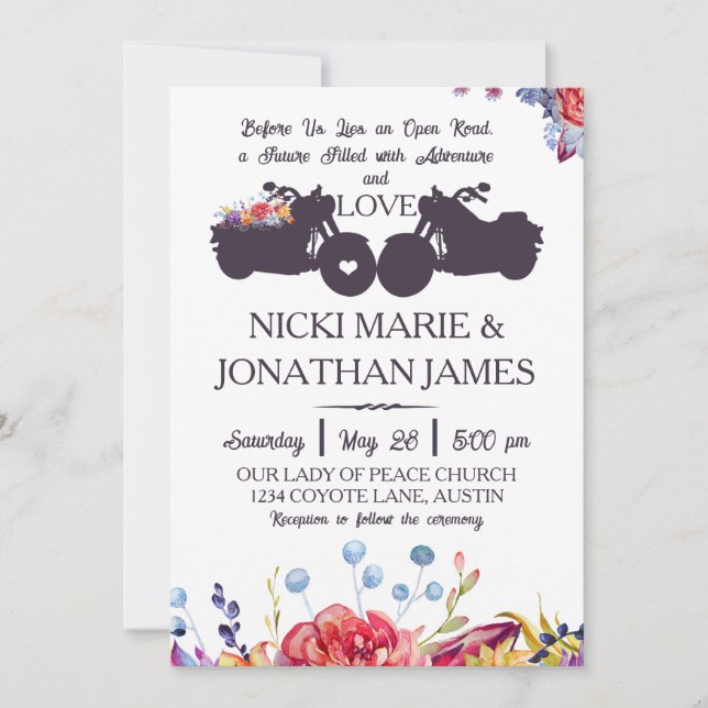 Biker Wedding Floral Wildflower Succulents Invitation (Front)