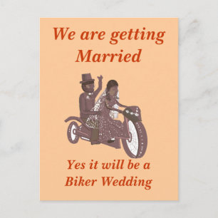 Biker Wedding, Groom riding pillion, Stationary Announcement Postcard