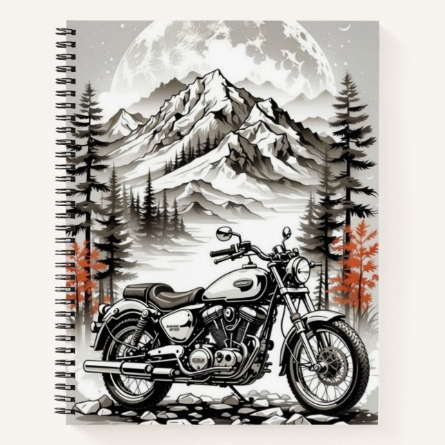 Biker's Mountain Retreat: Motorcycle Under moon Notebook (Front)