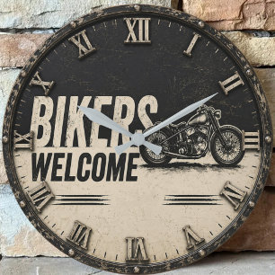 Bikers Welcome Vintage Motorcycle Garage Decor Large Clock