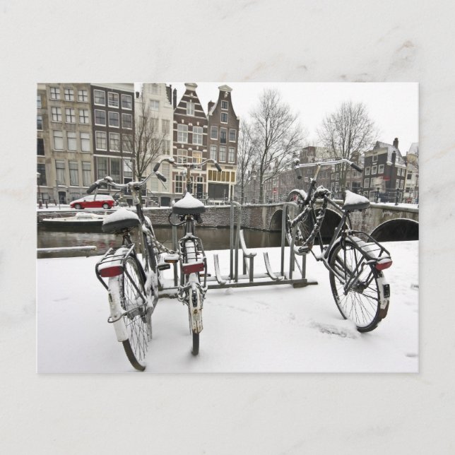 Bikes in snowy Amsterdam in the Netherlands Postcard (Front)