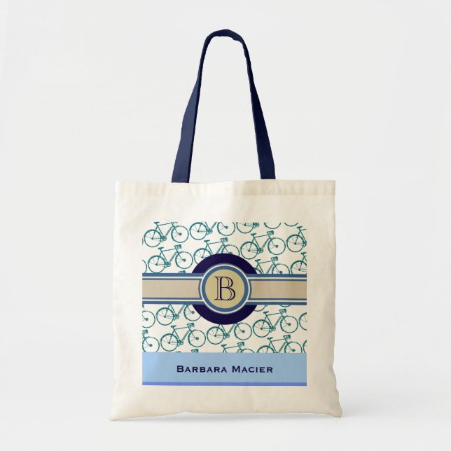 bikes Name & Initial blue monogrammed Tote Bag (Front)