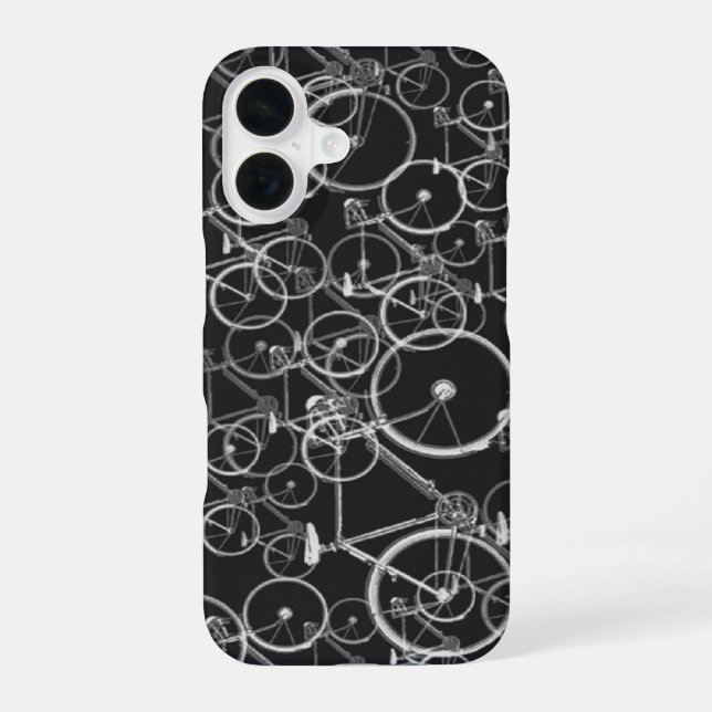 Bikes pattern in black and white iPhone 16 case (Back)