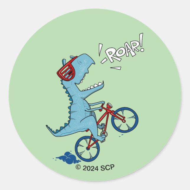 Biking T-Rex Roar Classic Round Sticker (Front)
