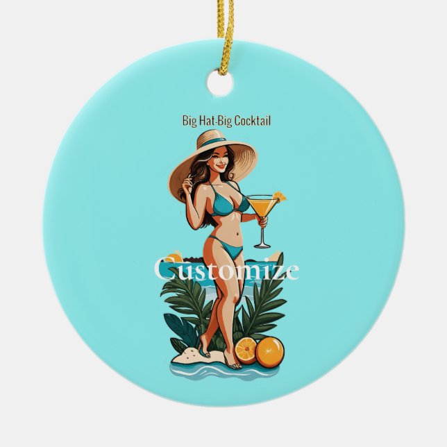 Bikini Babe Big Hat- Big Cocktail Thunder_Cove Ceramic Ornament (Front)