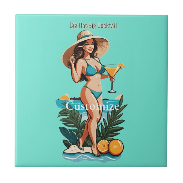 Bikini Babe Big Hat- Big Cocktail Thunder_Cove  Ceramic Tile (Front)